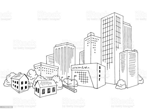 City Graphic Black White Cityscape Skyline Sketch Illustration Vector