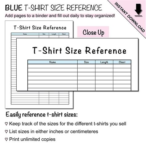 Use This T Shirt Size Reference Sheet To Keep Track Of Your T Shirt