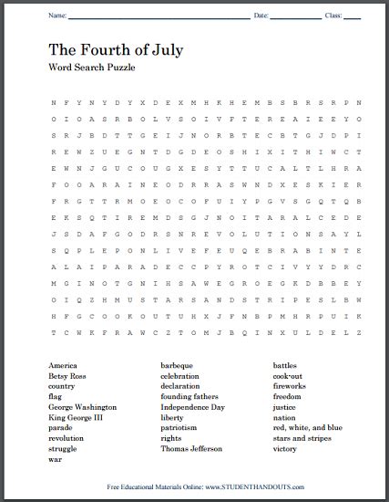 Fourth Of July Word Search Puzzle Free Printable Student Handouts