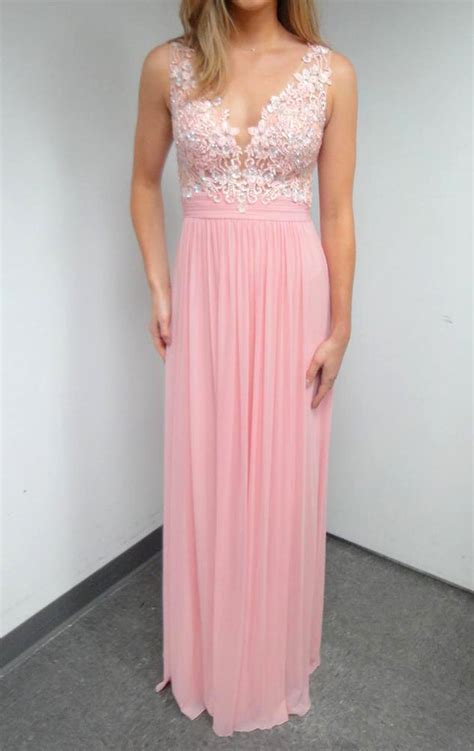 Macloth Straps V Neck Chiffon Lace Long Prom Dress Pink Formal Gown