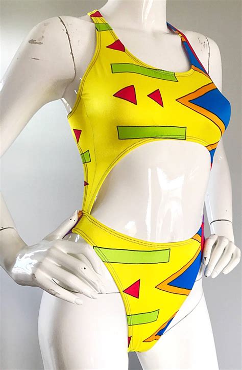 1990s sexy cut out bright colored vintage one piece abstract swimsuit bodysuit for sale at