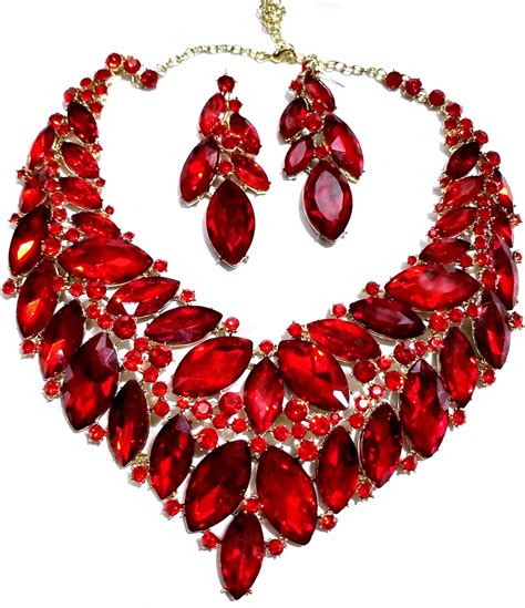 Drag Queen Rhinestone Necklace Earring Set Red Prom Jewerly
