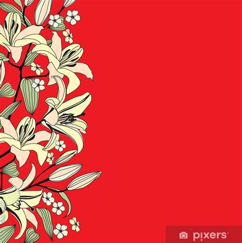 Poster Fond Rouge Avec Des Fleurs De Lys Vecteur Frontière Florale