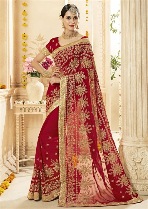 Red Faux Georgette Embroidered Bridal Saree 1216 Saree Designs