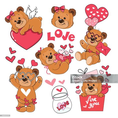 Cute Set With Cartoon Teddy Bears And Heart On A White Background