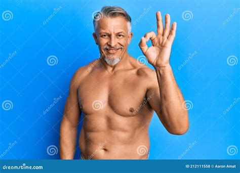 Middle Age Grey Haired Man Standing Shirtless Smiling Positive Doing Ok Sign With Hand And