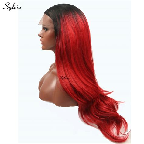 Sylvia Red Wig Ombre Black Roots 2 Tone Long Hair Natural Wave