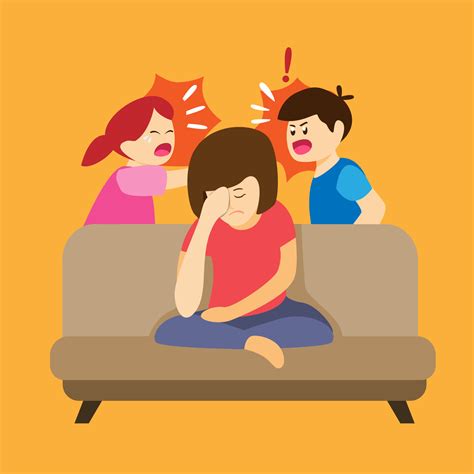 Child Fight And Shout Around Parentupset Tired Mother In Sofa With
