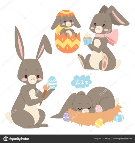 Easter Rabbit Vector Holiday Bunny Rabbit And Easter Eggs Pose Cute