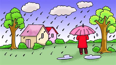Scenery Drawing Tutorial How To Draw A Scenery Of Rainy Season By