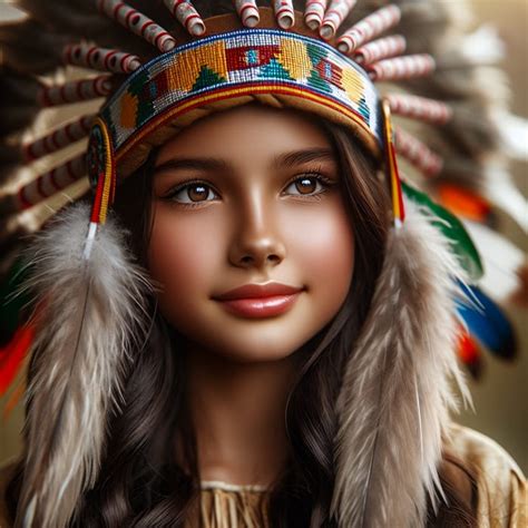 Indigenous Native American Girl With Colorful Feathers Headpiece Ai