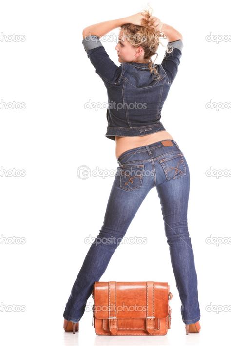 Schöne Junge Frau Blondine Steht Ganzkörper In Jeans Isoliert Stockfotografie Lizenzfreie