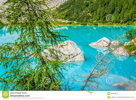 Turquoise Sorapis Lake With Pine Trees And Dolomite Mountains In Stock