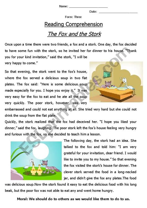 Reading Comprehension ´fable´ The Fox And The Stork Esl Worksheet