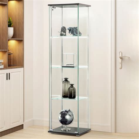 Contemporary 4 Shelf Glass Display Cabinet In Clear With Door Floor Standing Curio Bookshelf