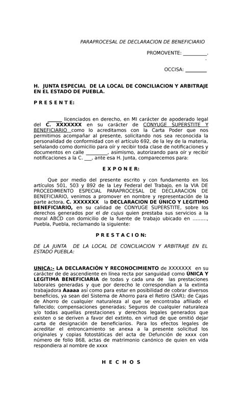 Designacion De Beneficiarios PARAPROCESAL DE DECLARACION DE