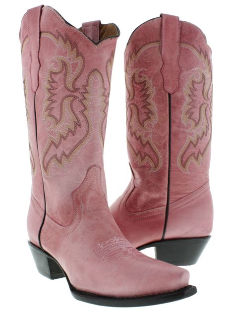 Womens Pink Leather Cowboy Cowgirl Boots Western Wear Rodeo Ladies Snip