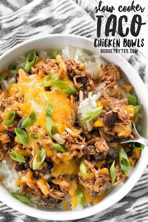 Slow Cooker Taco Chicken Bowls With Rice Beans And Green Onions In A