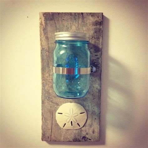 Reclaimed Barn Wood Blue Ball Mason Jar Wall Sconce With