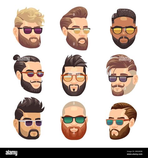 Cartoon Bearded Hipster Man And Male Hairstyle Vector Set Hipster Male