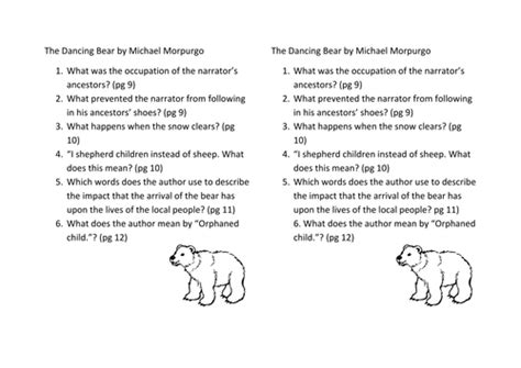 Reading Tasks The Dancing Bear By Michael Morpurgo Teaching Resources