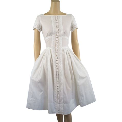 Vintage 1950s Shirtwaist Dress Solid White Eyelet Full Skirt Dress By