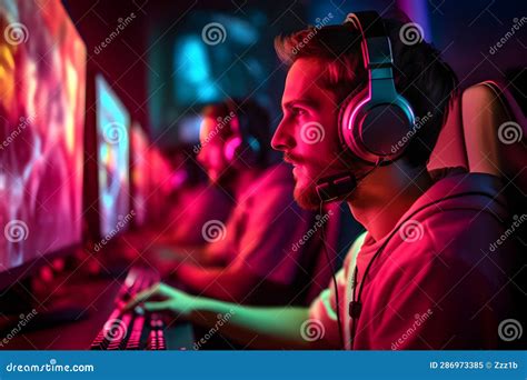 Young Caucasian Gamer With Headset Playing Video Games With Computer