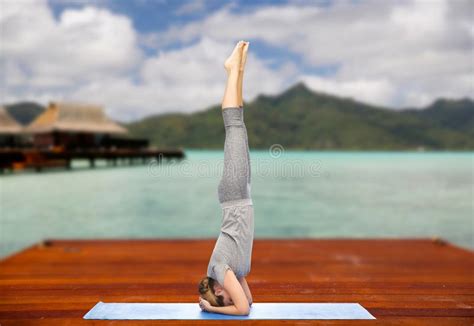 Woman Making Yoga In Headstand Pose Outdoors Stock Image Image Of