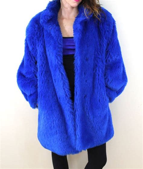 Bright Blue Faux Fur Coat Oversized 80s Blue Faux Fur Coat Fur Coat