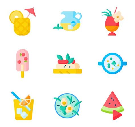 Various Food And Drink Icons Are Shown In This Set Including Drinks