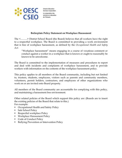 Policy Statement on Workplace Harassment
