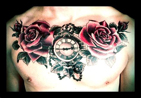 Roses Rose Buds And Ornate Pocket Watch Chest Piece Tattoo On An Englishman In Los Angeles