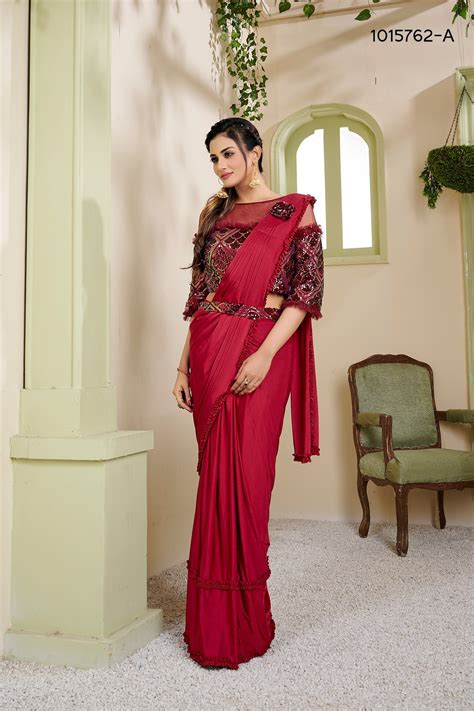 red sequins work lycra readymade saree 1015762a