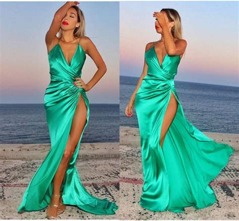 2015 gorgeous silk satin green evening dresses with long backless prom gown side slit evening