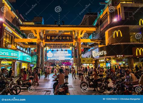 Sanya Downtown Nightlife Crowded Place At Night In Food Corner