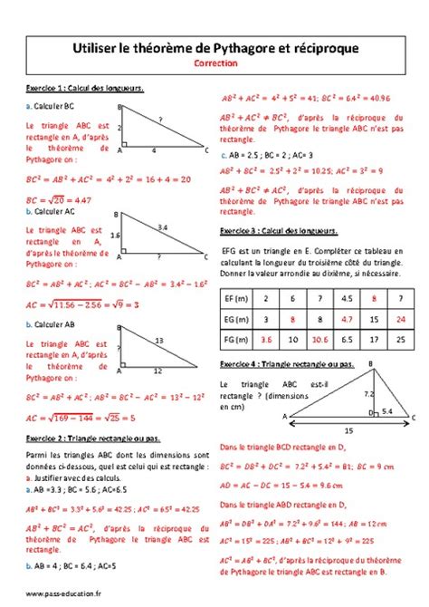 Utiliser Le Théorème De Pythagore Et Réciproque 4ème Exercices à