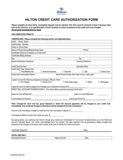 Looking for credit card authorization number? Download Hilton Credit Card Authorization Form Template | PDF | FreeDownloads.net