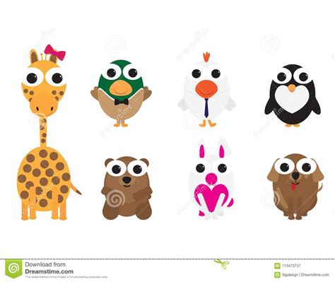Set Of Cute Vector Cartoon Animals With Big Eyes Stock Vector Illustration Of Character Happy