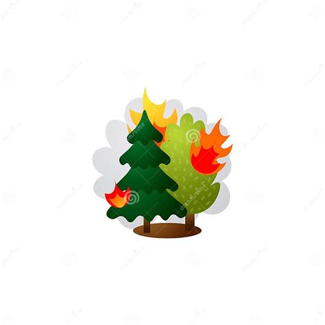 Burning Forest Trees In Flames Raster Illustration In The Flat Cartoon