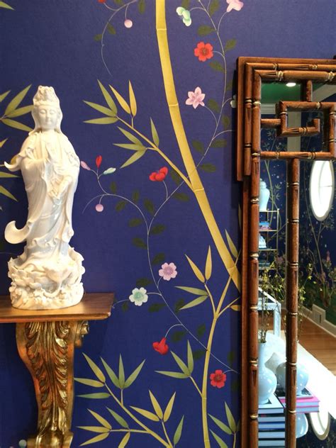 Chinoiserie Blue Fromental Wallpaper Bamboo Greek Key Vintage Mirror