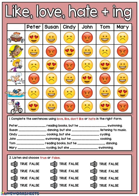 Like Love Or Hate Ing Interactive Worksheet Ejercicios De Ingles