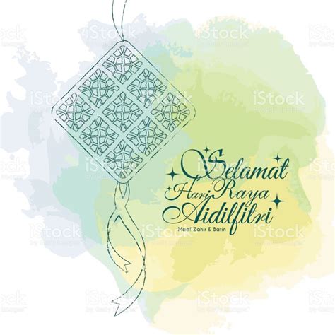 Hanging ketupat and crescent with stars, garlands on green. Hari Raya Aidilfitri greeting card template design. Hand ...