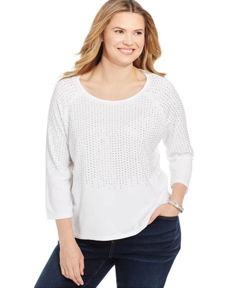 Inc International Concepts Plus Size Three Quarter Sleeve Rhinestone Top In White Lyst