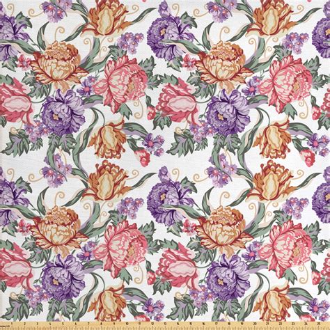 Floral Fabric By The Yard Vintage Colorful Flowers And Curls On White