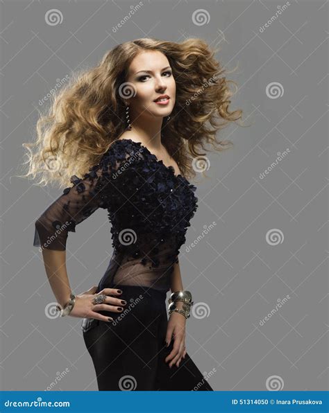 Woman Hairstyle Portrait Flying Long Curly Hair Girl Fashion Stock
