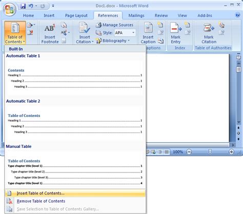 MS Word 2007 Create A Table Of Contents
