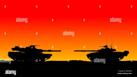 A Silhouette Of Two Tanks At Sunset Stock Photo Alamy