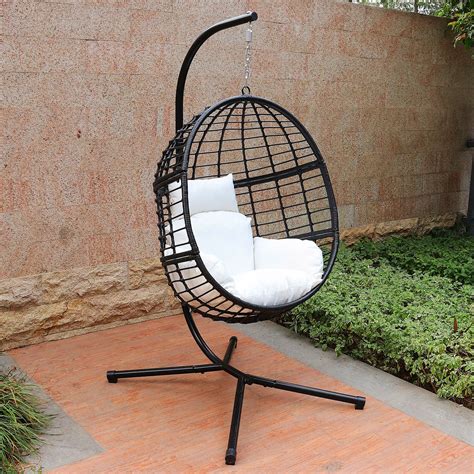 Abble Outdoor Wicker Hanging Basket Swing Chair With Cushion And Stand