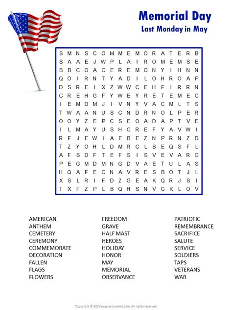 Free Printable Memorial Day Word Search Printable Word Searches