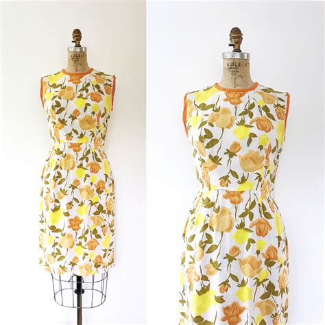 60s Vintage Dress Yellow Rose Dress Rose Print Dress